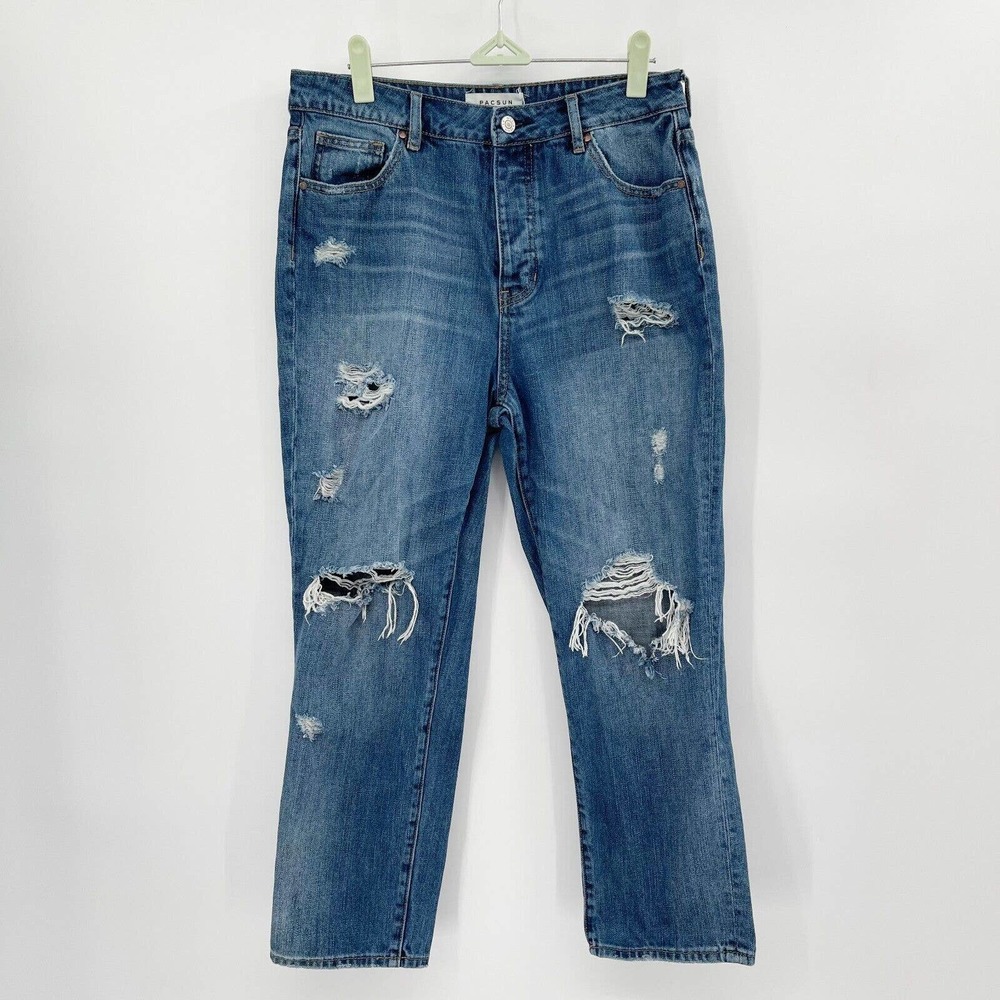 Pacsun Distressed Mom Jeans Blue Size 28 Denim High Rise Medium Wash Cotton